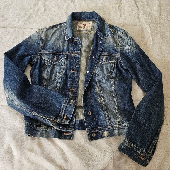 French Connection Denim Jean Jacket Sistressed blue. Size Medium. - Picture 1 of 5